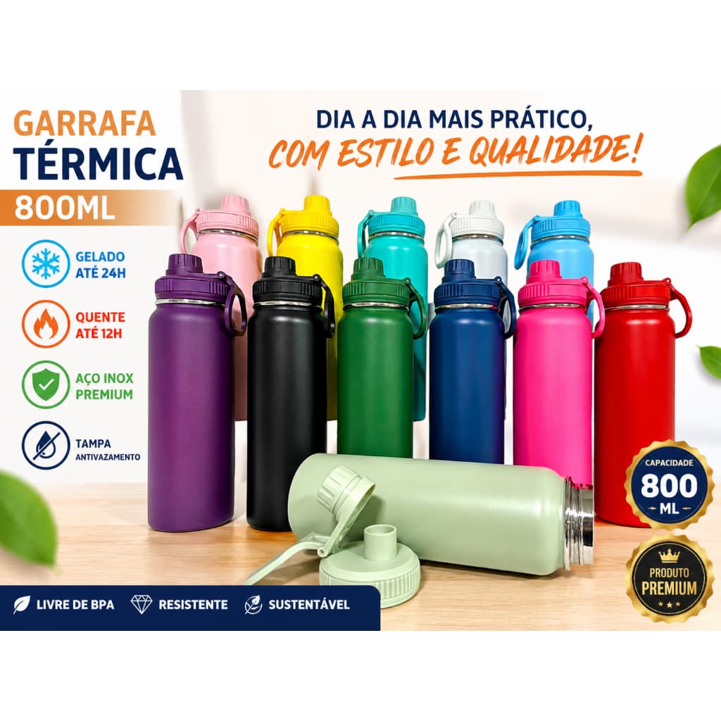 Garrafa Térmica 800ml  Esportiva Aço Inox– Capacidades Variadas para Uso Diário e Esportes
