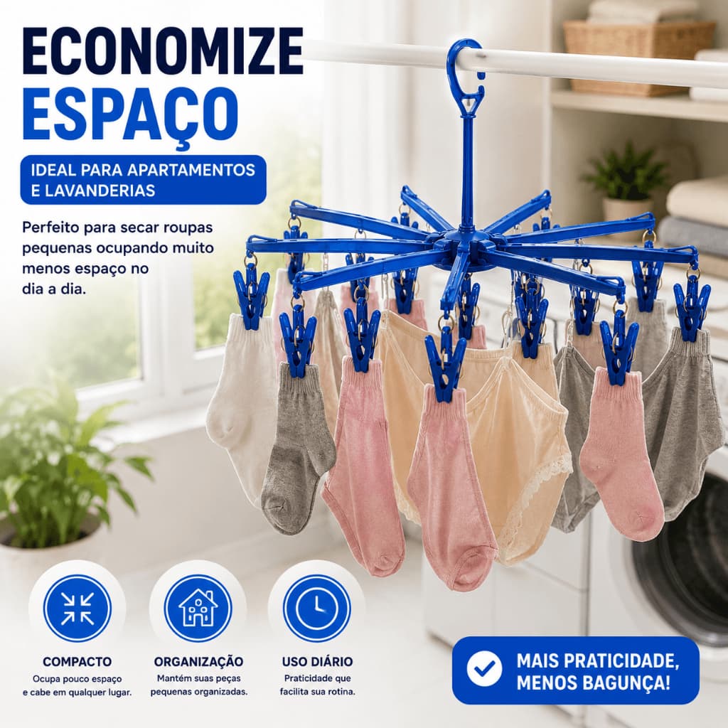 Varal De Secagem 16 Prendedores Dobrável Compacto Multiuso