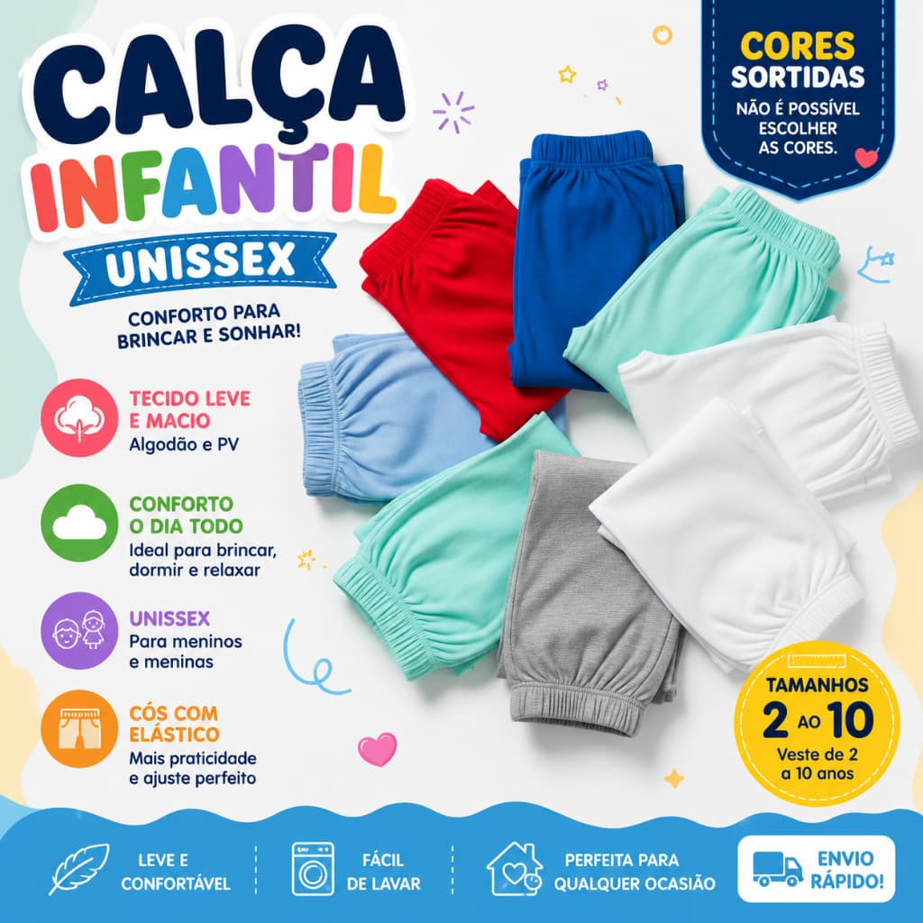 Calça Infantil Unissex Lisa Algodão e PV Tam 2 ao 10 Cores Sortidas Confortável