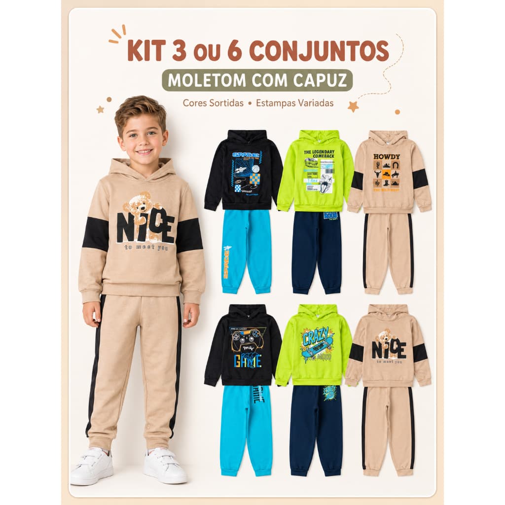 Kit 6 ou 12 Peças (3 ou 6 Conjuntos) Moletom Conjunto Recortes Com Capuz Inverno Roupa Menino