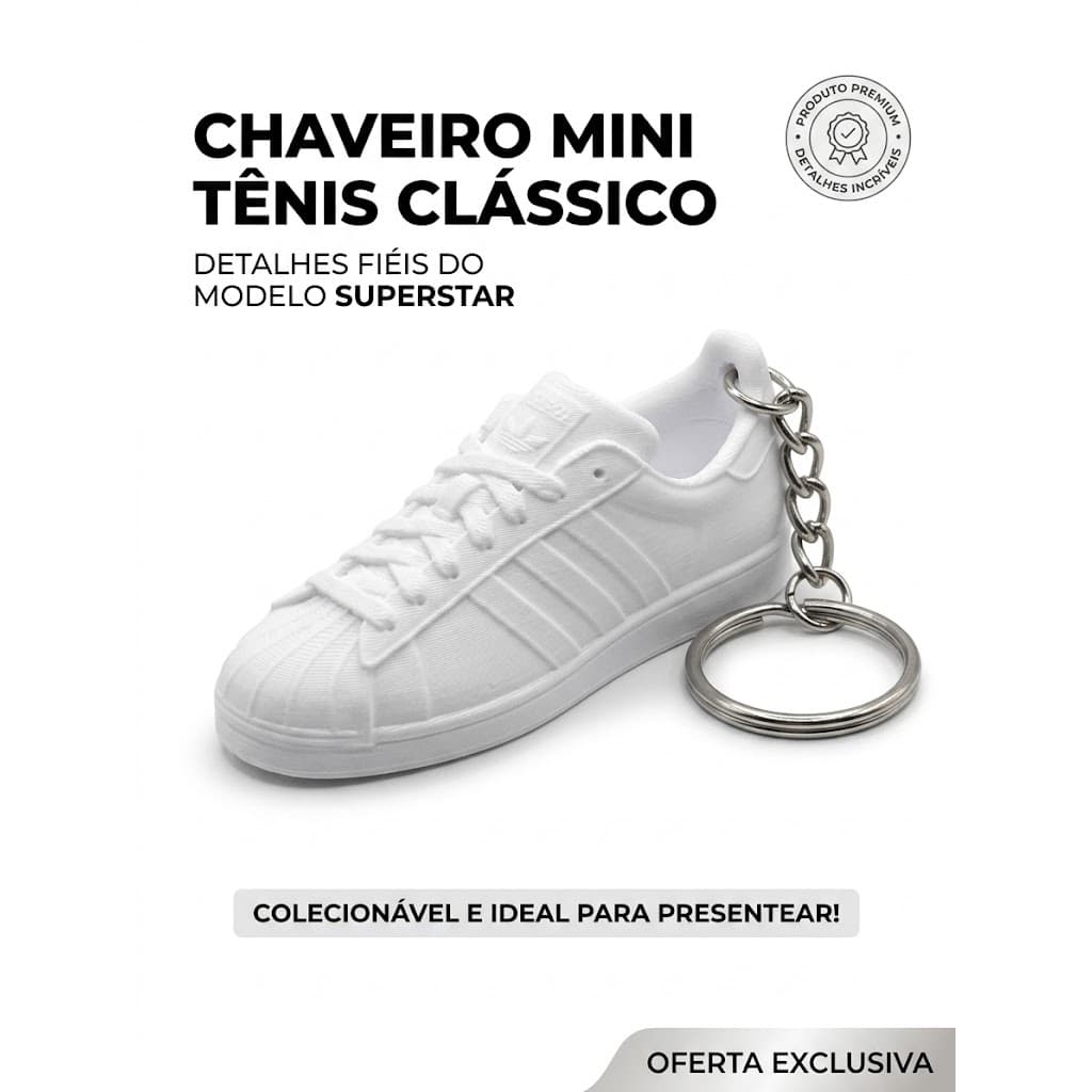 Chaveiro Mini Tênis Sneaker Estilo Superstar Impressão 3D Colecionável Branco Hype