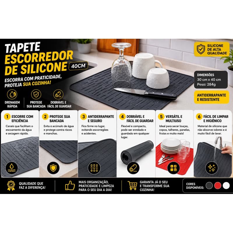 Tapete Escorredor Silicone 40cm Cozinha Antiderrapante Secagem Rápida Sortido