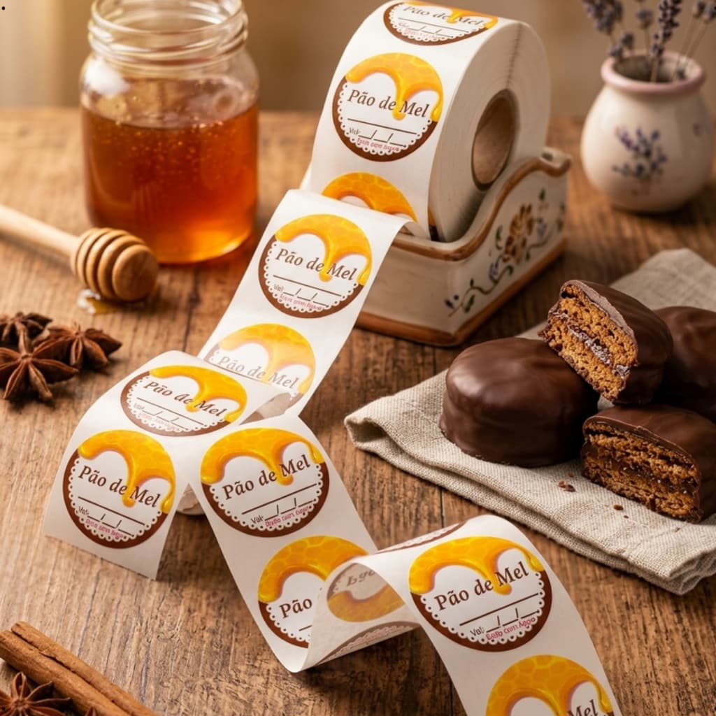 Etiquetas Para PÃO DE MEL 3x3cm Couchê auto-Brilho - cola de alta adesão - rolo com 500 cada