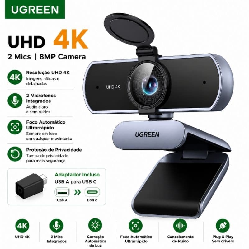 Webcam Ugreen 4K UHD Autofoco Microfone Duplo Cancelamento De Ruido USB