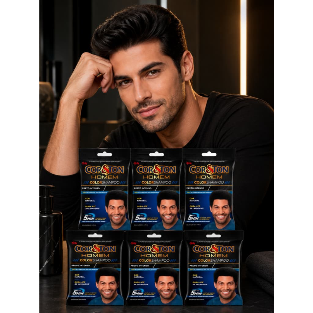 Jogo c/6 Shampoo 5 min Color Tonalizante Niely Cor&Ton Homem Preto Intenso sachet-10ml