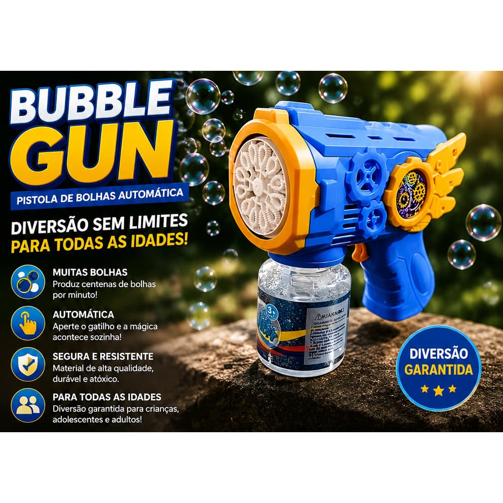 Brinquedo com pistola de bolhas automática colorida BUBBLE GUN