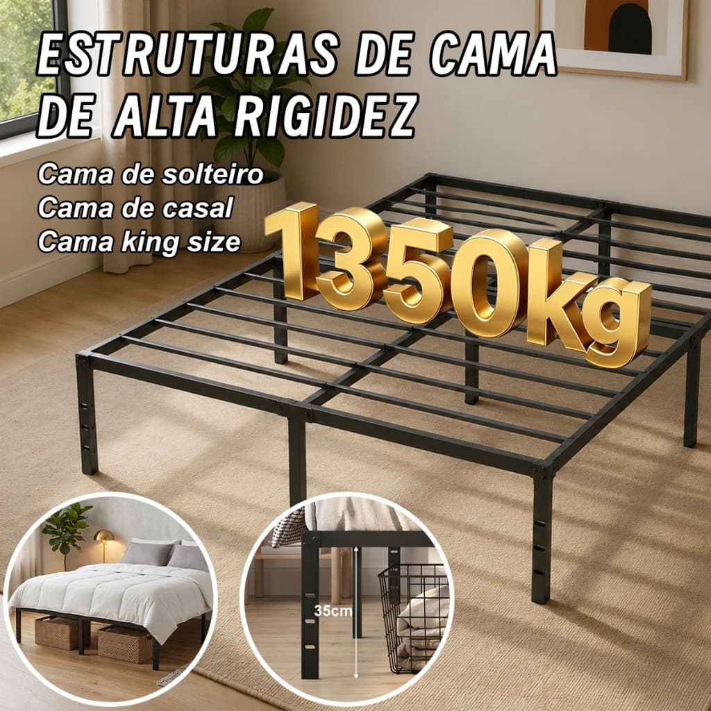 🔥1350KG🔥 Cama de Casal Estrado de Metal Fácil De Instalar Dobrável Capacidade 1350KG Ripas de Aço Série Forte