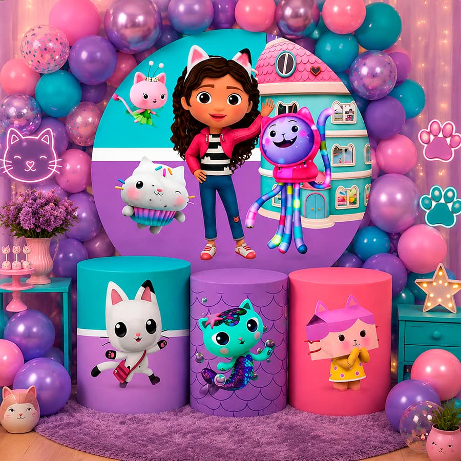 Kit Capa De Painel Redondo + Capas De Cilindro Para Festas Tema A Casa Mágica da Gabby's Dollhouse