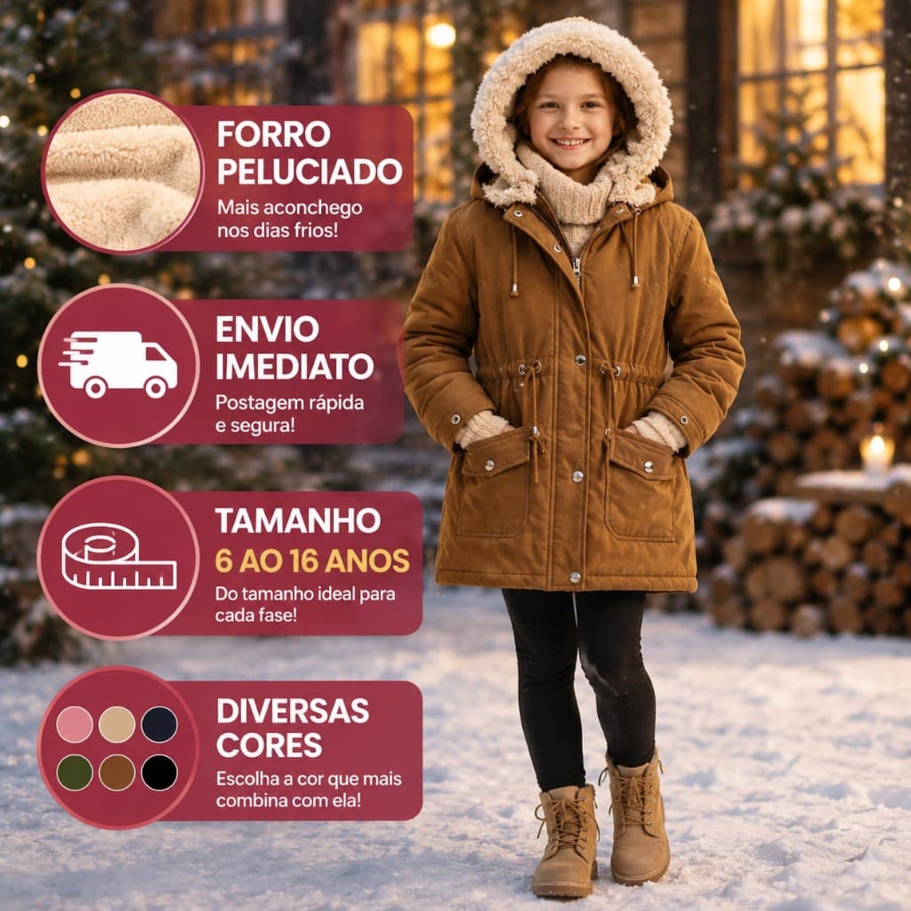 Jaqueta Infantil Parka Sarja Feminino Casaco Juvenil Forro Peluciado Capuz Impermeável
