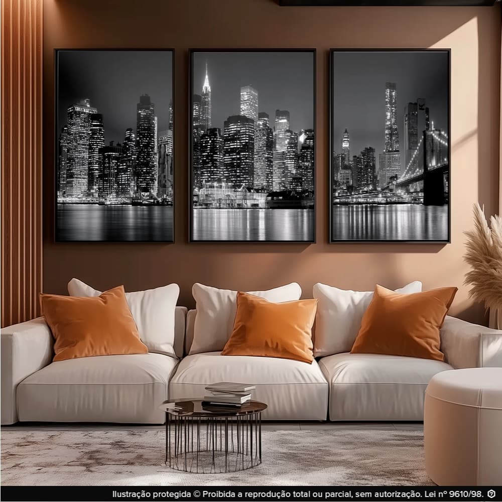 Quadros Decorativos Trio Cidade Nova York Preto Branco Moderna Sala