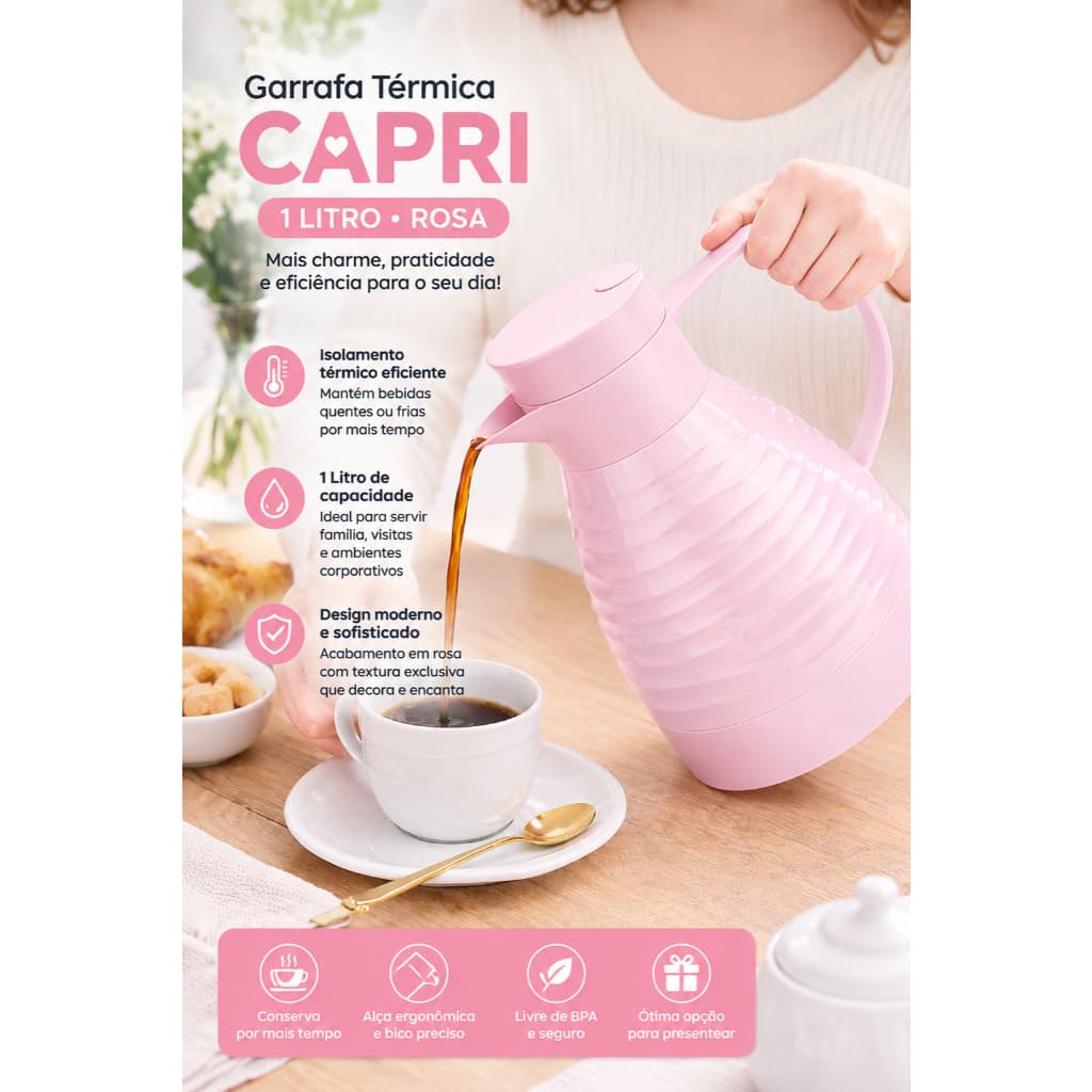 Garrafa Térmica 1 Litro Rosa  ou Preta | Bule Térmico para Café, Chá e Bebidas Quentes e Frias