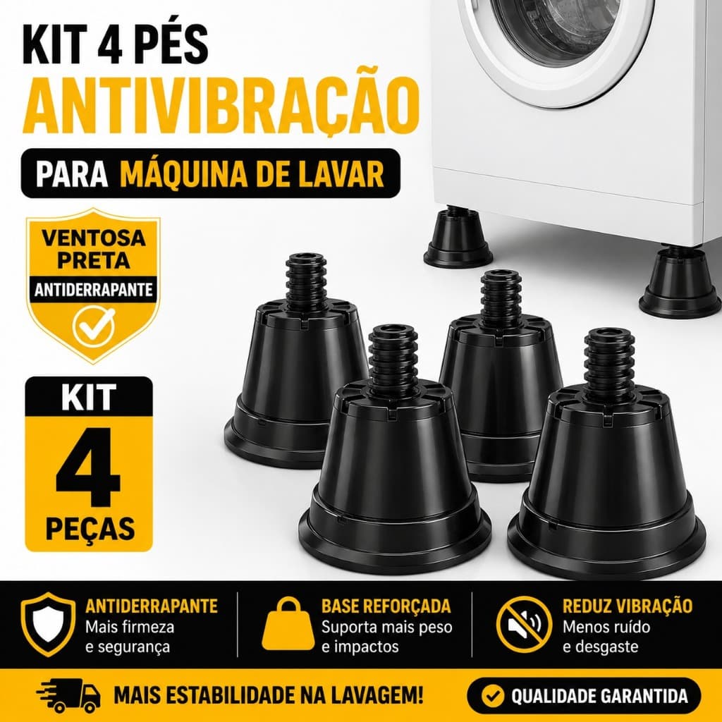 Kit 4 Pés Antivibração Máquina de Lavar  Ventosa Antiderrapante Nivelador Lavadora