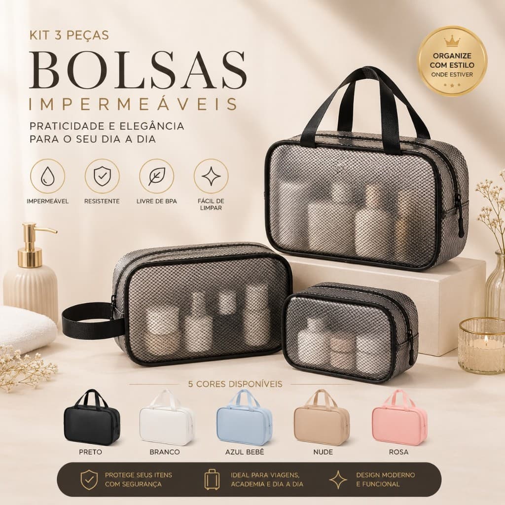 Kit 3 em 1 Bolsa Organizadora Cosmética Silicone Impermeável – 3 Peças | Grande Capacidade