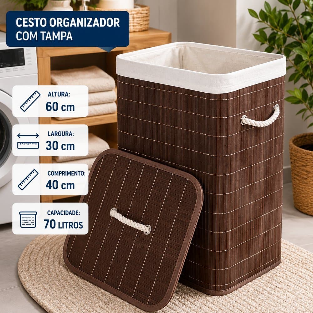 Cesto de Bambu com alças e tampa 70L- Multiuso Marrom