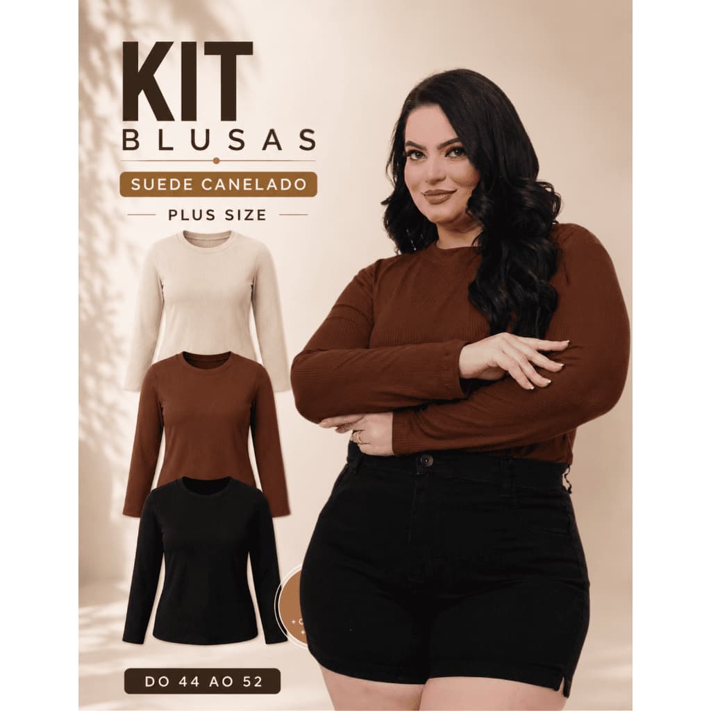Kit 3 Blusa Feminina Plus Size Suede Canelado Manga Longa Confortável Ajuste Perfeito