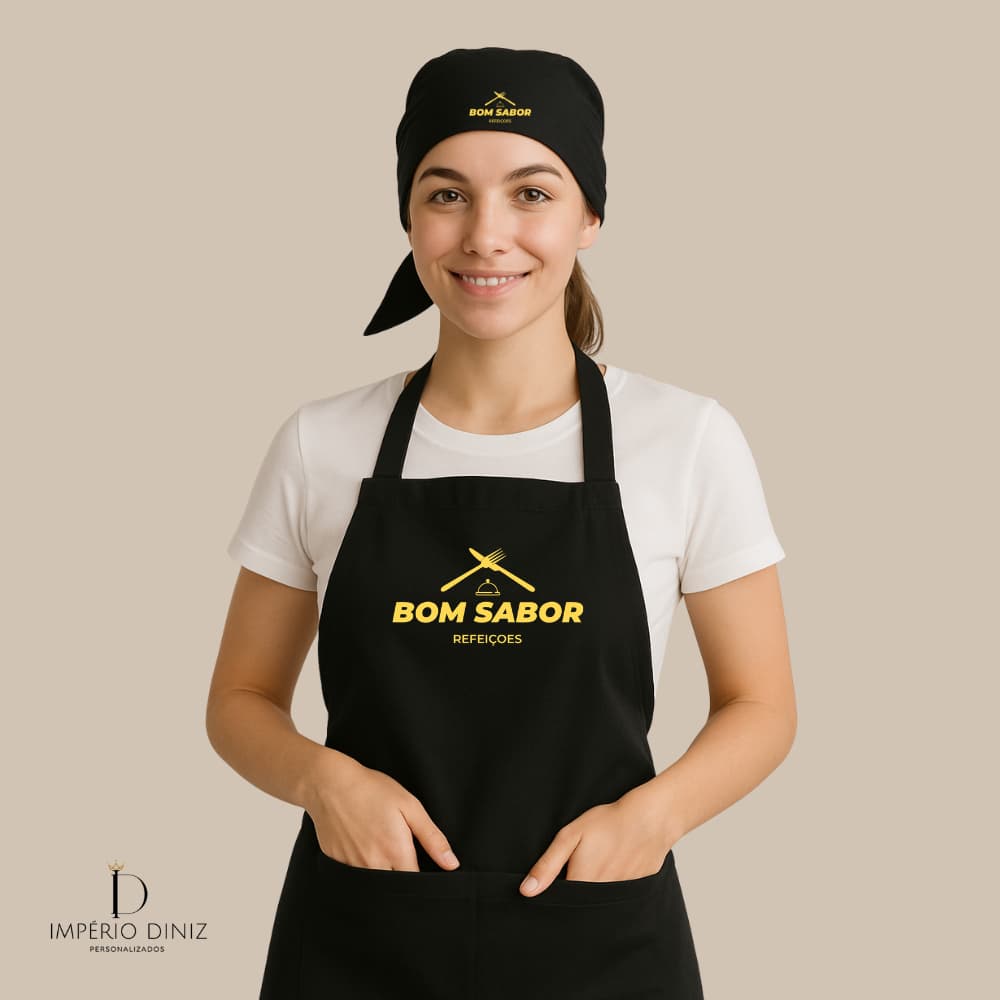 kit Avental +Touca Frente Unica Jaleco PRETO Com Sua Logo