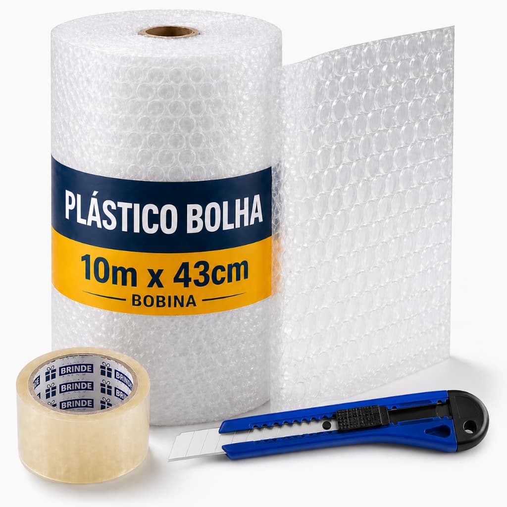 Plástico Bolha 10m x 43cm Bobina Proteção Embalagem Mudanças Envios Ecommerce Com Fita e Estilete