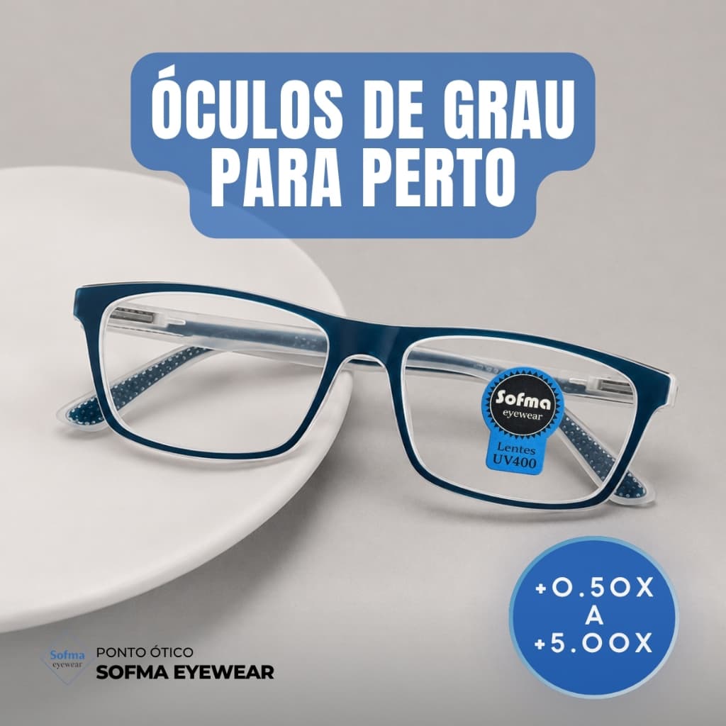 Armação Óculos com Grau +1.00 até +5.00 Leitura Perto Azul Transparente Emborrachado