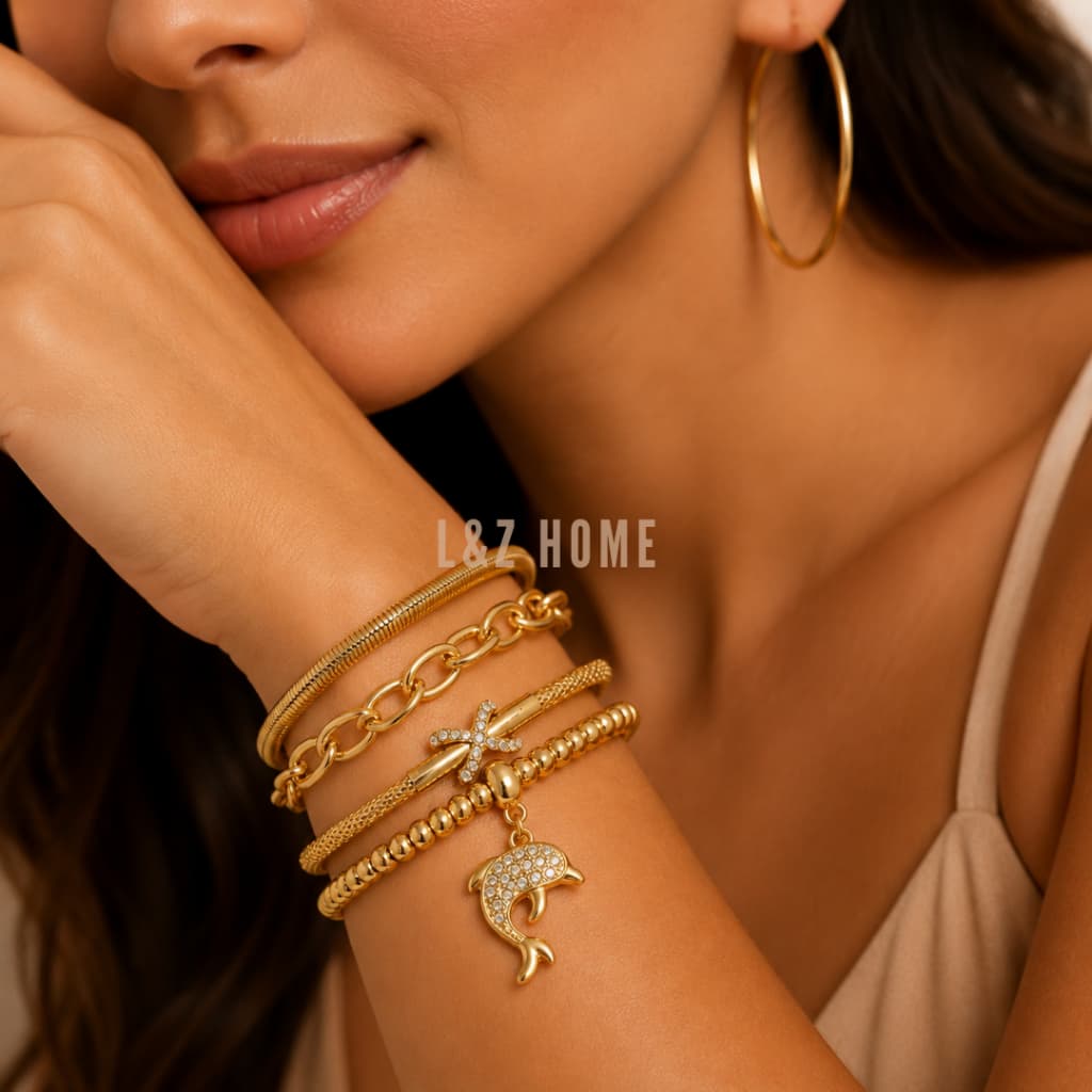 KIT Par de Brincos Argola + 4 Pulseiras Dourado/Prata Feminino — Alta Elegância Para Vários Looks
