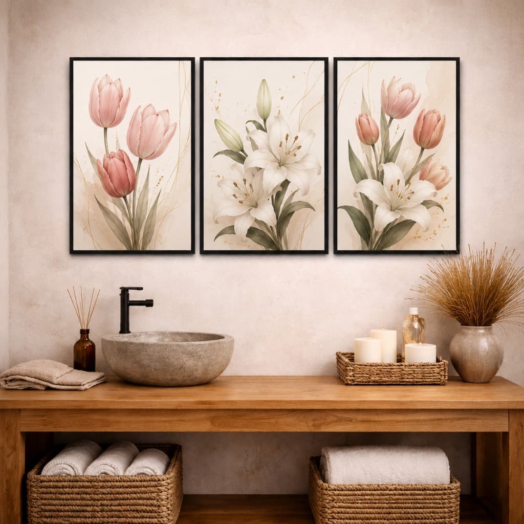 Kit 3 Quadros Flores Tulipas e Lírios Decorativos Modernos Elegantes Sala Quarto Escritório