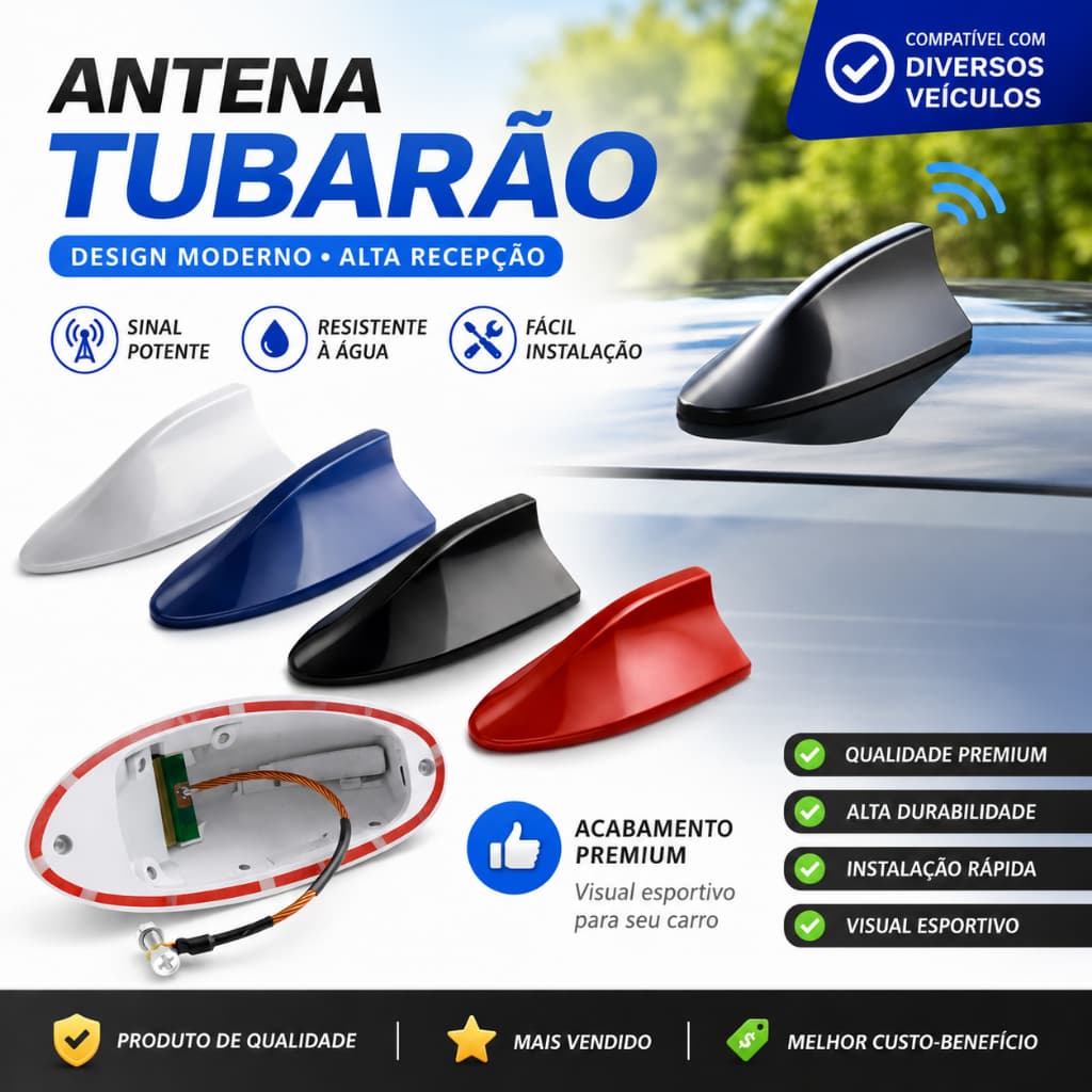Antena Tubarão Automotiva Universal FM AM Carro Teto Adesiva Sinal Forte Design Esportivo