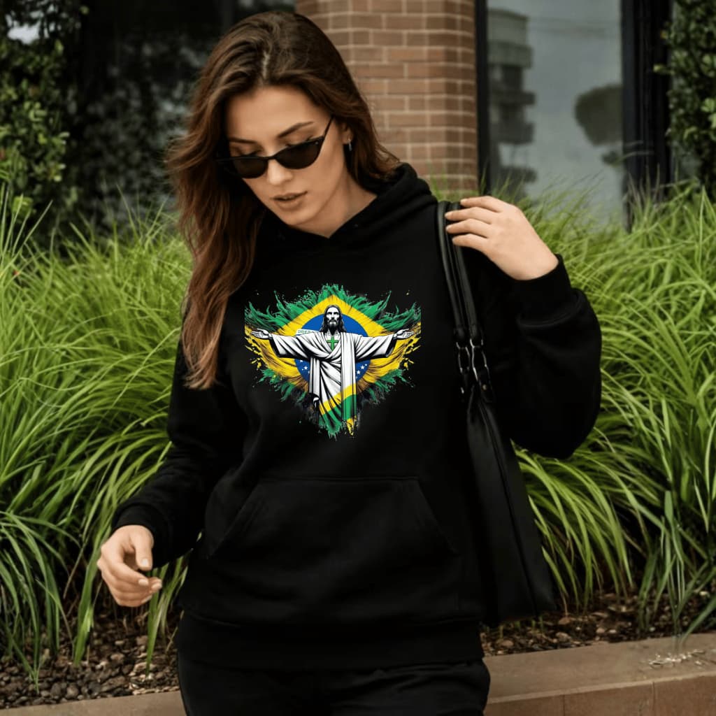 Moletom Canguru Cristo Redentor com Bandeira do Brasil Estampa Premium Unissex Envio Imediato