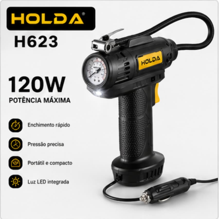 Compressor de Ar Holda H623 120W 12V Portátil LED com manômetro para carro moto bicicleta