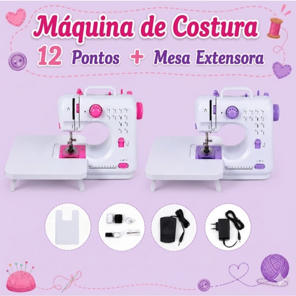 Máquina De Costura Elétrica Portátil 12 Pontos Bivolt 110v/240v + Mesa Extensora