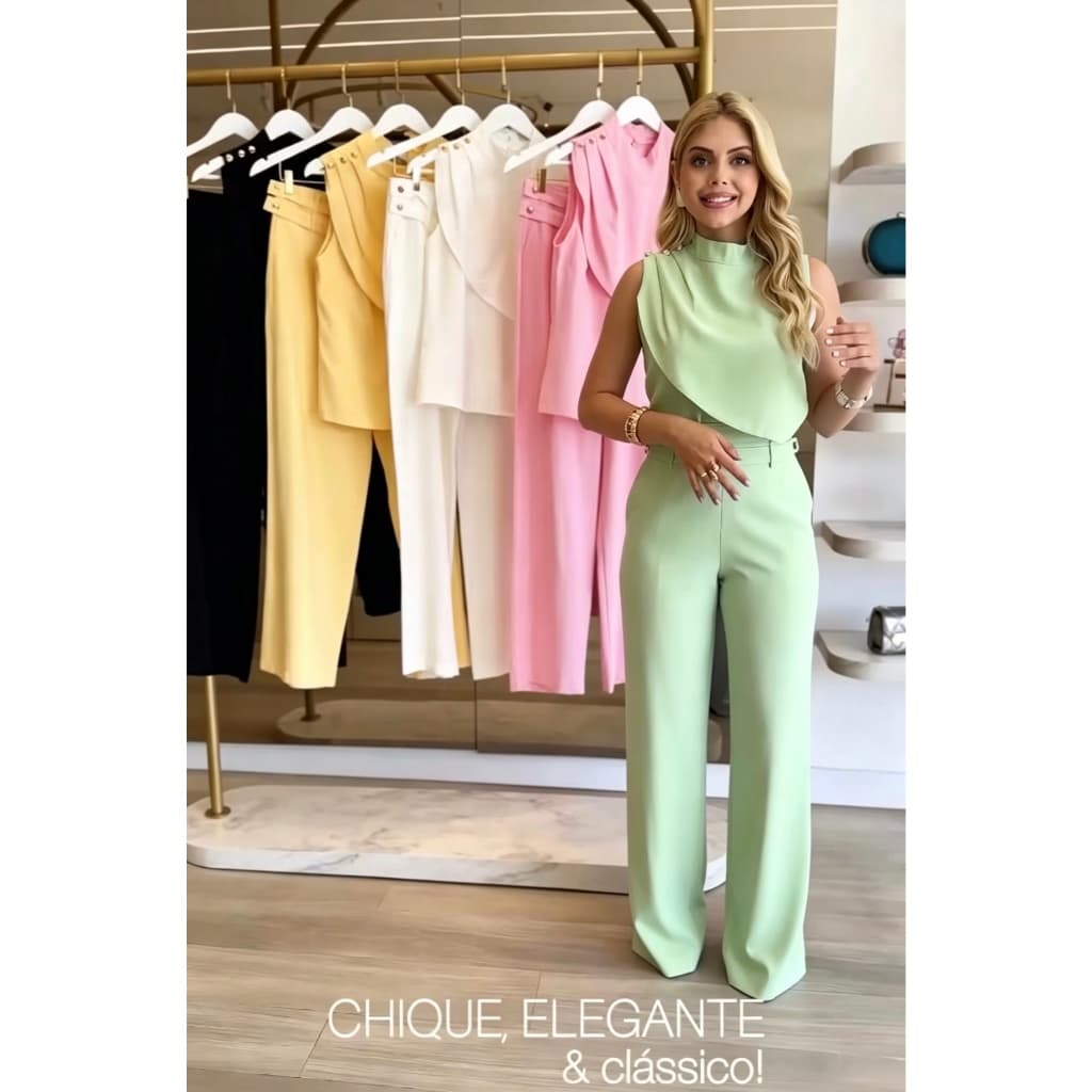 YAN FASHION | Conjunto Feminino Regata e Calça com Botões Decorativos — Alfaiataria Leve e Confortável para o Dia a Dia