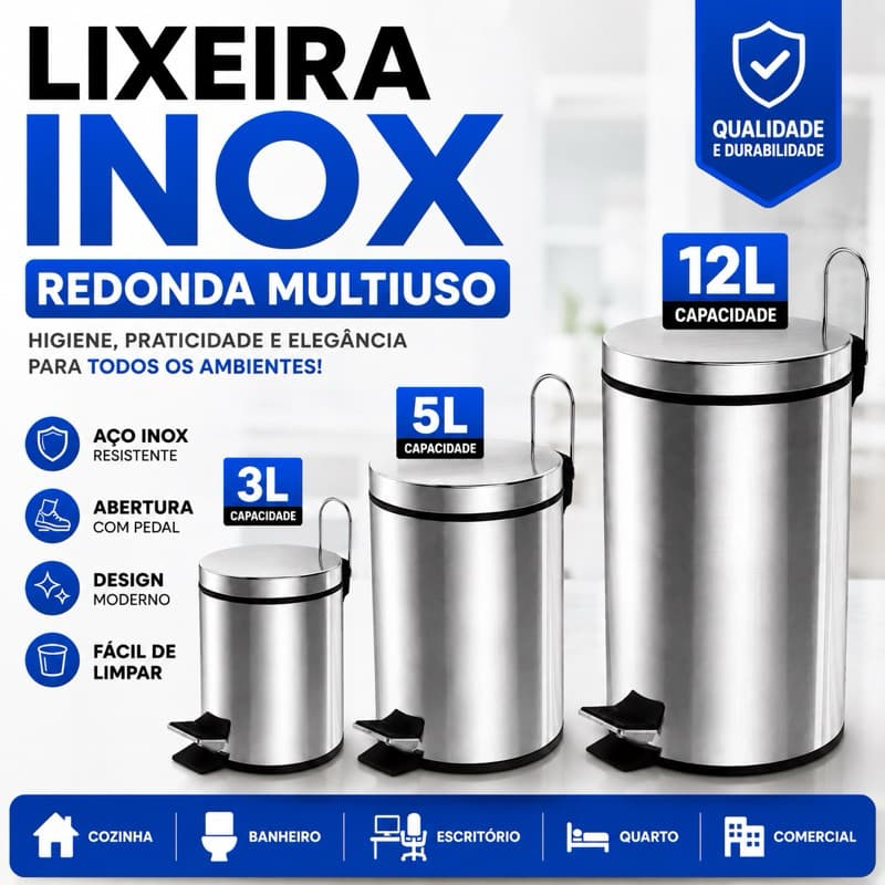 Lixeira Inox com Pedal 3 Litros 5 Litros 12 Litros Redonda Banheiro Cozinha