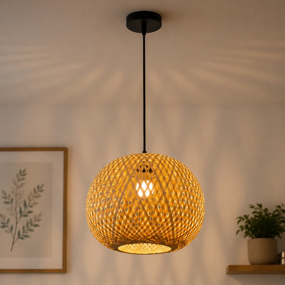 Luminária de Teto Lustre Pendente Bambu Maui Rústico 35cm Trançado Artesanal Vime para Sala Cozinha