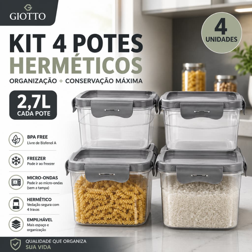 Kit 4 Potes Quadrado Com 4 Travas 2,7L Cinza bpa free alimentos condimento frezeer microondas Giotto