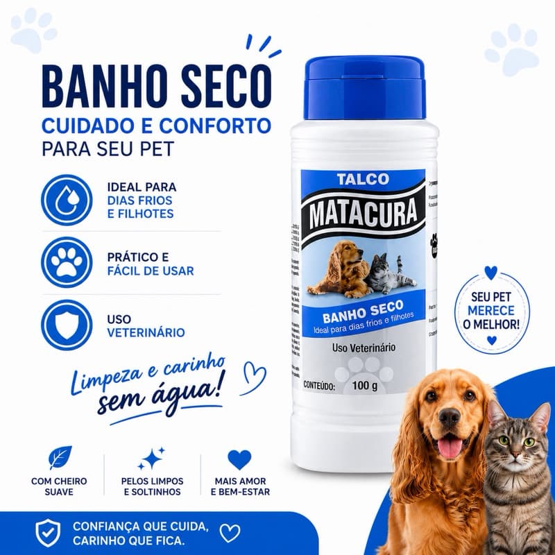Talco Banho Seco Matacura para cães e gatos e até filhotes 100g