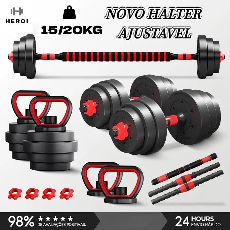 Kit Heroi 20kg Halteres Barra Supino Kettlebell Preto | Pesos Academia Musculação Funcional