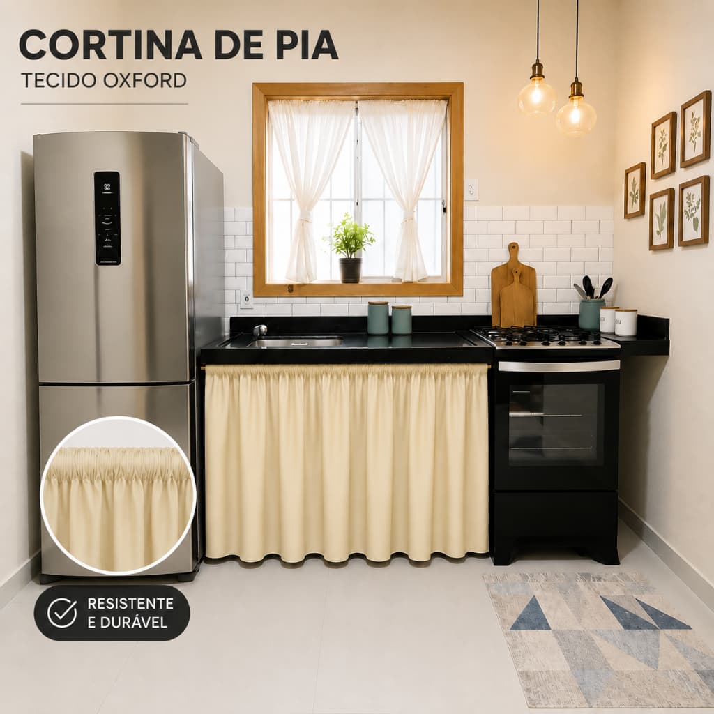 Cortina Para Pia Oxford Premium 1,40 x 0,80 Cozinha Moderna Com Bainha Varão Luxo | Balcão | Tanque
