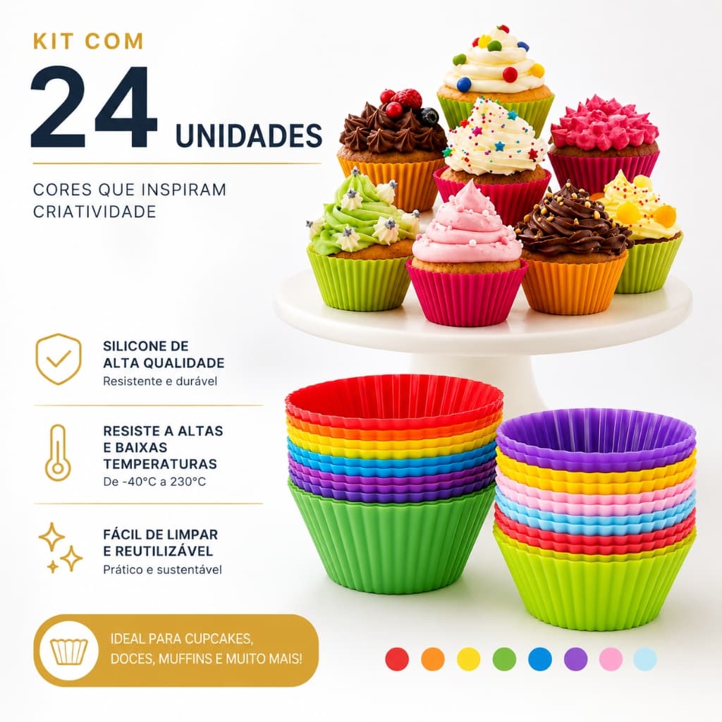 Conjunto 12 24 Peças Forma de Silicone Redonda para Cupcake de 7cm para Assar Bolos