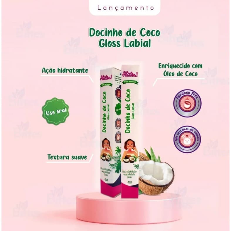 Gloss Labial Docinho de Coco Bela Manuela Hidratação Intensa e Brilho Espelhado Suave