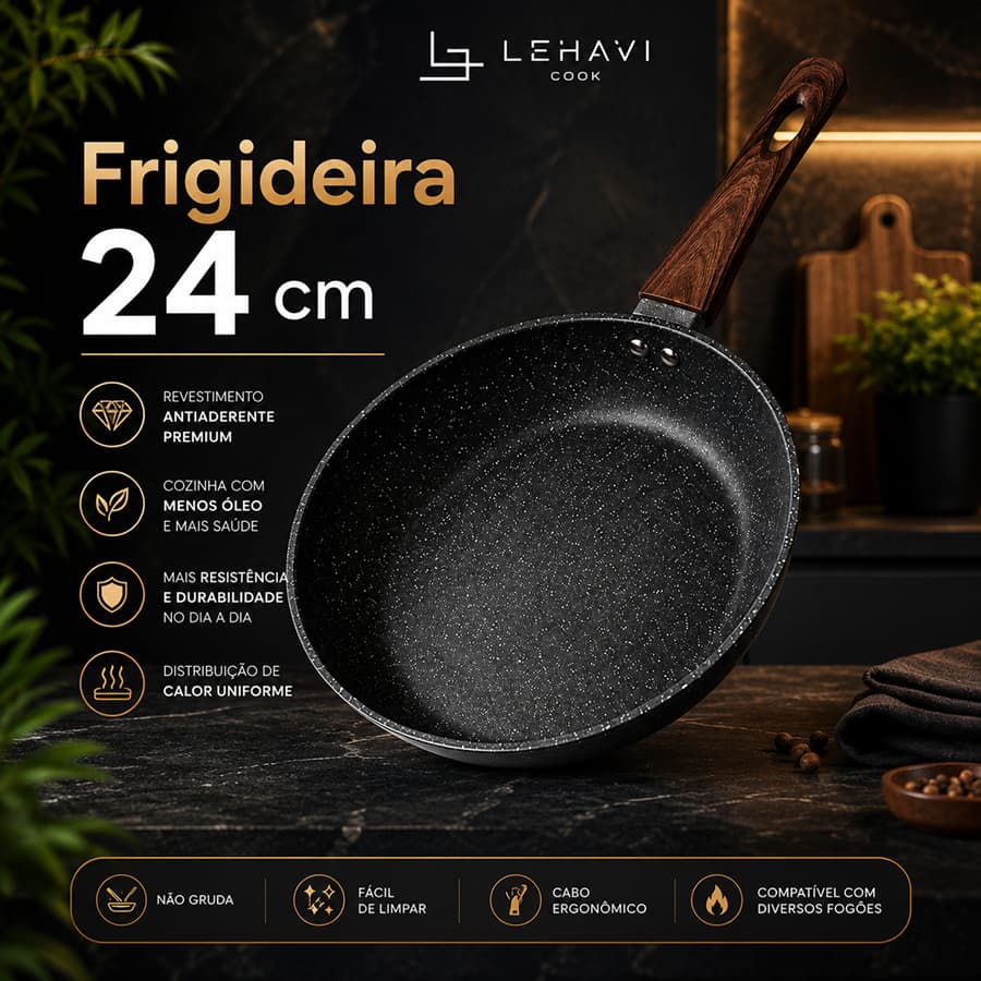 Frigideira Antiaderente Revestimento Nanocerâmico Fogão Indução Gás 24cm - GRANITO