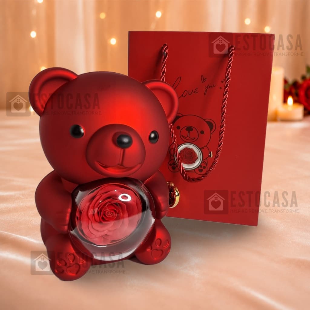 Porta Joias Urso Vermelho com Rosa Giratória Presente