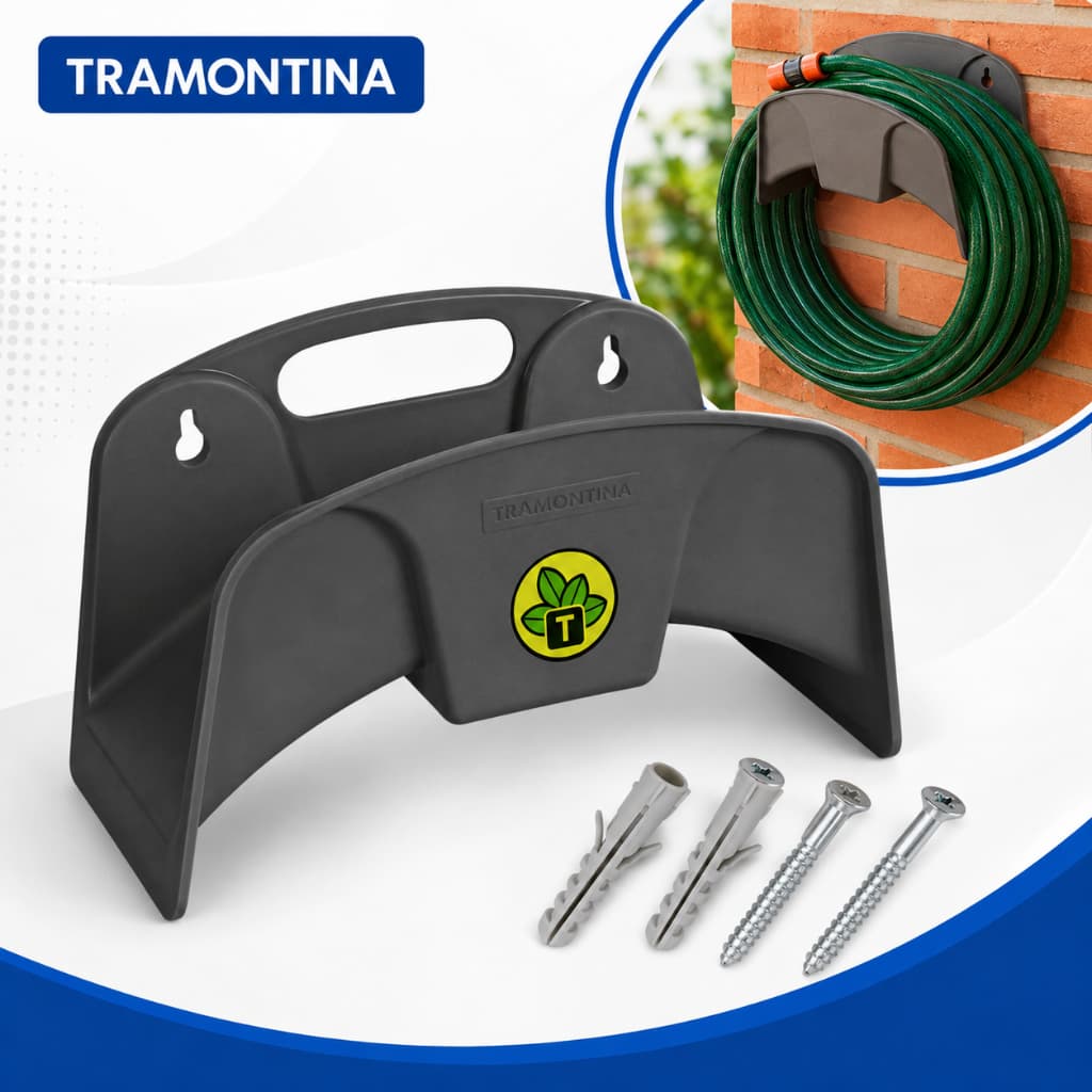 Suporte Para Mangueira De Jardim Parede Tramontina Cinza Até 30m Com Buchas E Parafusos