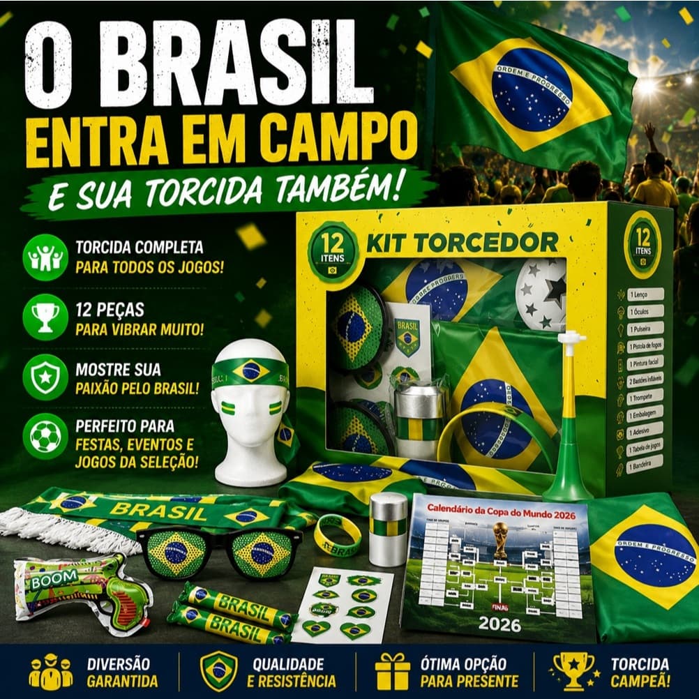 Conjunto 12 peças Torcedor Brasil Copa 2026 Completo Acessórios Festa Futebol