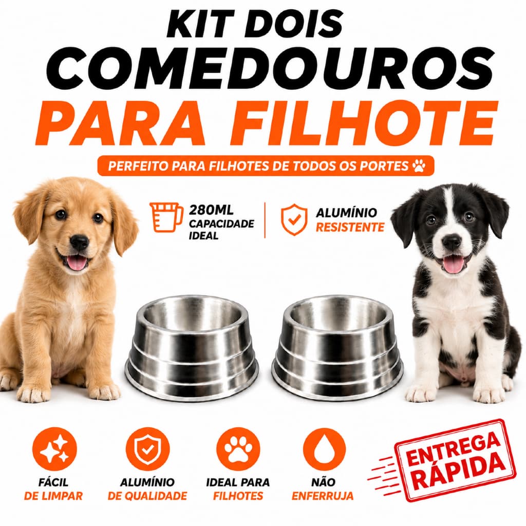 Kit 2 Comedouro Alumínio Polido 280ml para Cães e Gatos de Pequeno Porte