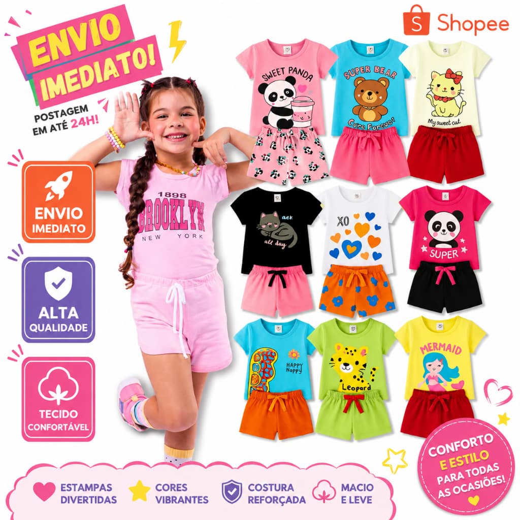 Roupa Infantil Menina 8, 6, 4 ou 2 Peças Conjunto Infantil Pijama Menina Blusa Short Infantil Menina