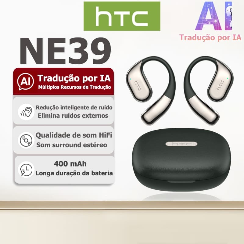 Fone TWS HTC NE39 com tradução por IA em tempo real, Bluetooth 6.0, som HiFi, resistência à água IPX5, garantia de um an