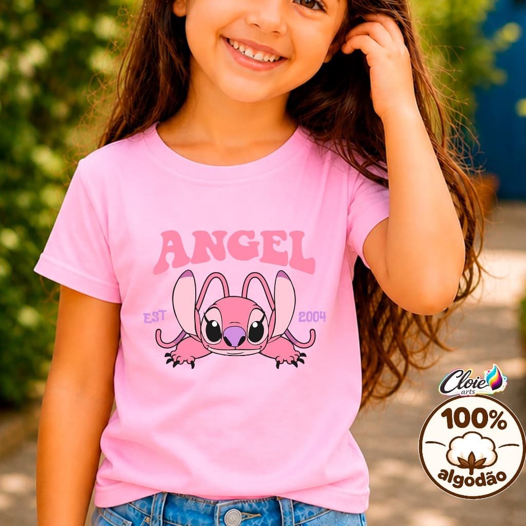 Camiseta Infantil 100% Algodão  Angel  Inspirada No Universo Mágico de Lilo & Stitch  Look Cheio de estilo  Confortável.