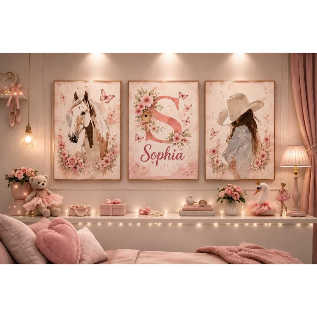 Quadro Infantil Feminino Para Menina Quarto Rosa Cavalinho Flores Decoração