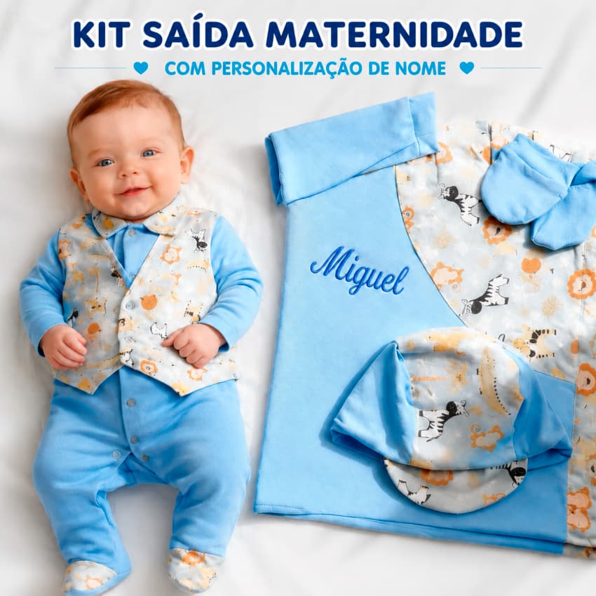 Kit Saída Maternidade Safari Personalizada Para Menino Com 5 Peças 100% Algodao Com Personalizacao De Nome