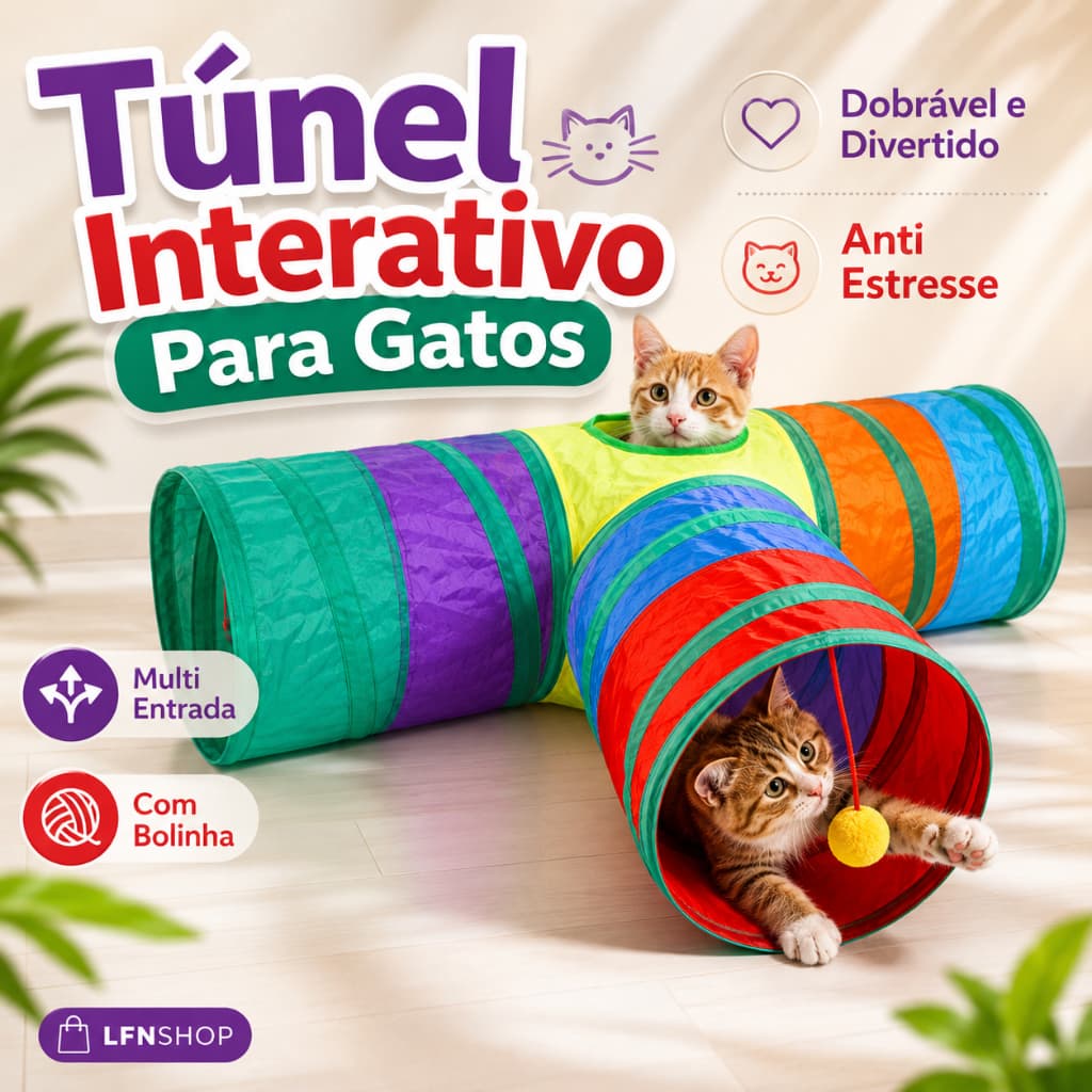 Túnel Para Gato Interativo Dobrável Colorido Pet Com Bolinha Anti Estresse