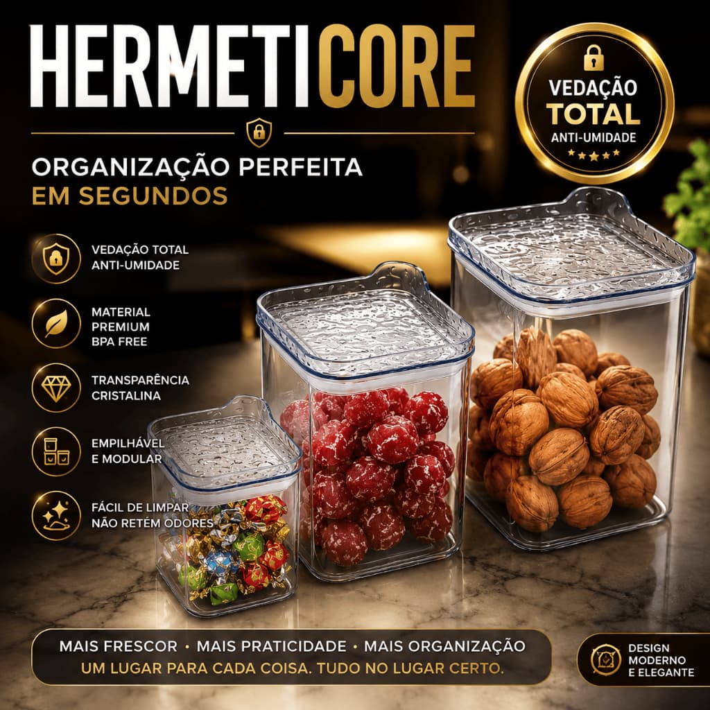 Conjunto de 3 Potes Hermeticos Kit HermetiCore™ - Organizadores Multiuso Tampas Vedacao Cozinha