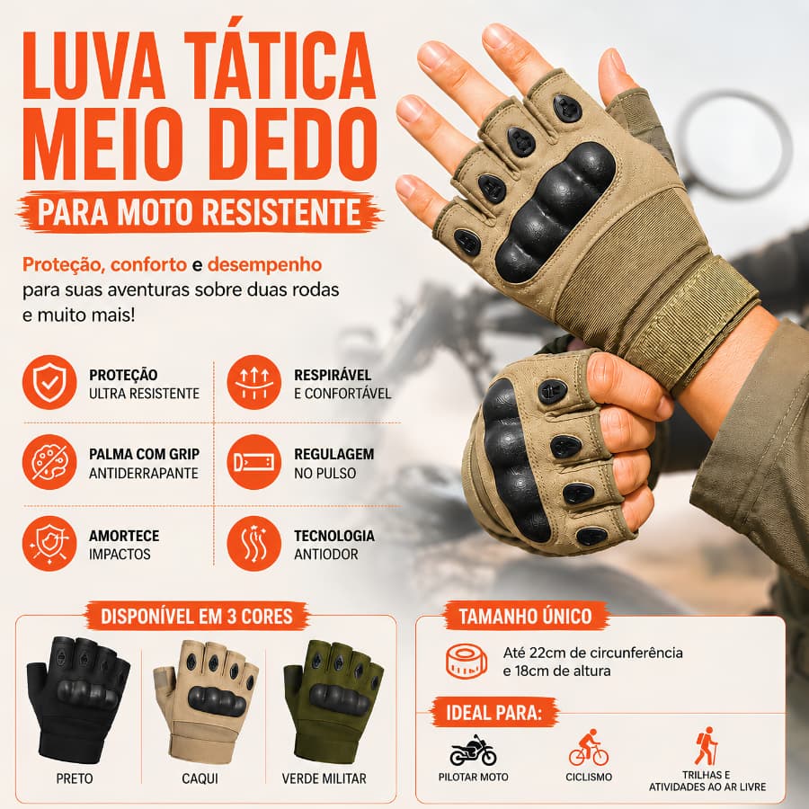 Luva Tatica Meio Dedo Moto Bike Ciclismo Air Soft Trilha Proteção Resistente Antiderrapante Impacto